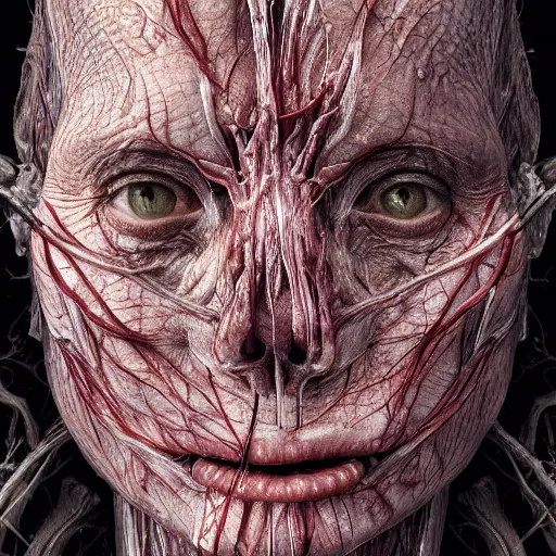 Prompt: female human with translucent skin, visible muscles and veins and arteries and bones and spines and nerves, beautiful detailed intricate insanely detailed octane render, 8k artistic photography, photorealistic, chiaroscuro, by David Cronenberg, Raphael, Caravaggio