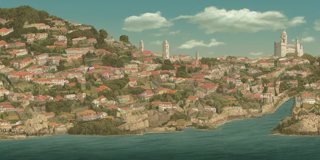 Image similar to back to the summer of the seven hills of lisbon, concept art, pastel soft colors, in the style of danny mcbride, knyazev konstantin