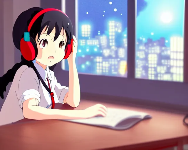 Image similar to anime fine details portrait of joyful school girl in headphones studying near monitor in her room at the table, evening, lamp, lo-fi, open window, dark city landscape on the background deep bokeh, profile close-up view, anime masterpiece by Studio Ghibli. 8k, sharp high quality anime