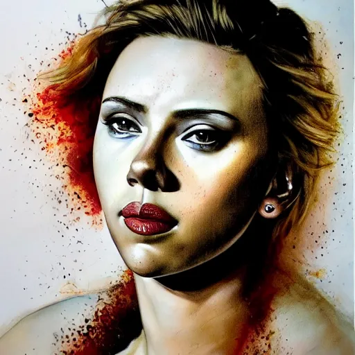 Image similar to hyper realistic candid portrait mixed media painting of beautiful Scarlett Johansson as a greek goddess, hyper detailed, realistic eyes, cinematic lighting, masterpiece