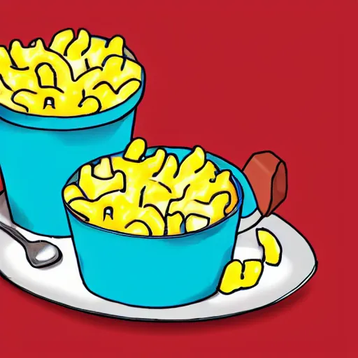 Prompt: an illustration of a box of mac and cheese holding a cup of mac and cheese