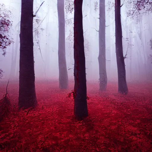 Image similar to red forest that gives off a spooky vibe, surreal, sharp focus, digital art, epic composition, concept art, dynamic lighting, intricate, highly detailed, 8 k, unreal engine, blender render