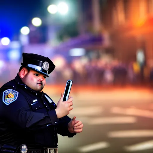 Image similar to chubby cop takes a selfie in front of a riot, highly detailed, sharp focus, dramatic lighting, 8 k