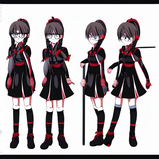 Prompt: advanced digital anime characterdesign reference sheet, Girl with long braided silver hair and spectacle glasses wearing a black high school outfit and red skirt holding 5 feet scythe by Mike Inel