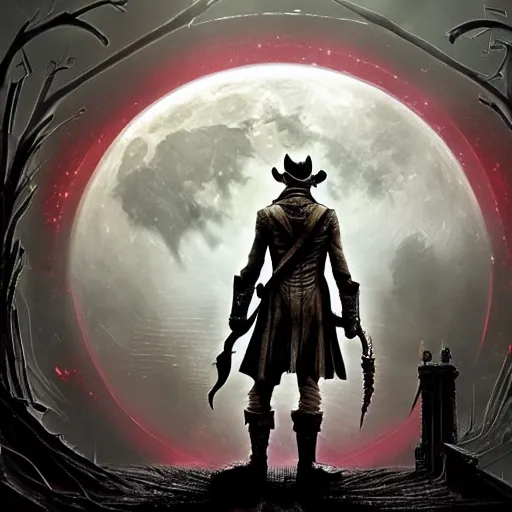 Image similar to an ultradetailed animation of the hunter from bloodborne dressed as darkwing duck, let's get dangerous, in the style animation of darkwing duck, digital art, dark fantasy, concept art, soulslike, by alphonse mucha, blood moon eclipse, wherewolves in a ruined building in the background, artstation, 8 k, unreal engine render