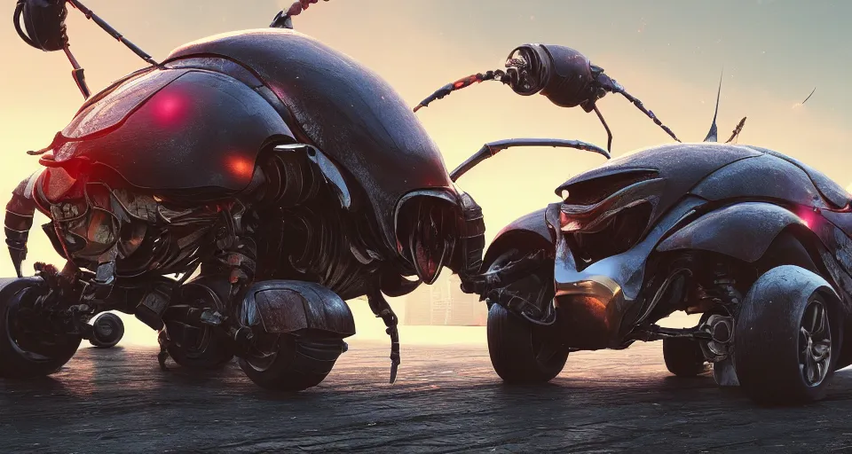 Prompt: giant beetle crush a car on the street, close up, hyperdetailed, artstation, cgsociety, golden hour 8k