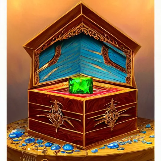 Image similar to a beautiful and vivid and colorful andreas rocha illustration of an engraved, enjeweled wooden pandora's box opening.