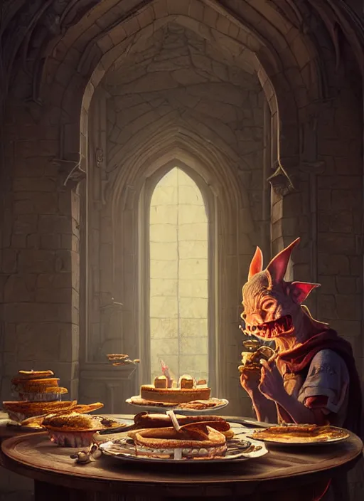 Image similar to highly detailed portrait of a medieval goblin eating cakes in a castle, stephen bliss, unreal engine, greg rutkowski, loish, rhads, beeple, makoto shinkai and lois van baarle, ilya kuvshinov, rossdraws, tom bagshaw, tom whalen, alphonse mucha, global illumination, god rays, detailed and intricate environment