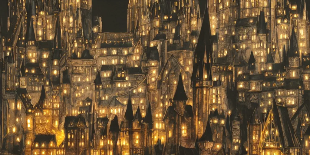 Image similar to insanely detailed long shot of hogwarts castle at night with glowing windows