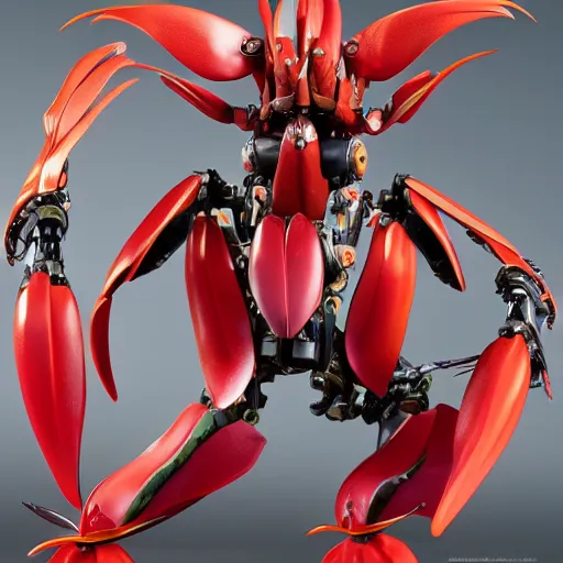 Prompt: futuristic heliconia rostrata mecha lobster claw plant body, sepals forming helmet, floral details, heliconia, 8 k hd resolution, barbatos gundam with floral inlay, bandai box art, star wars, makoto kobayashi, frank gehry, raymond swanland