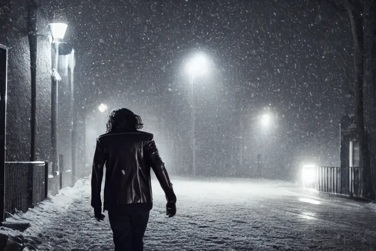 Image similar to movie shot of young man from back pacing lowering head dressed in short leather bomber jacket to empty narrow alley with street lamps in park with pines to the horizon, with hands in pockets, snowfall at night, mullet long haircut, black hairs, cinematic, dramatic, detailed, realistic, movie shot, low lighting