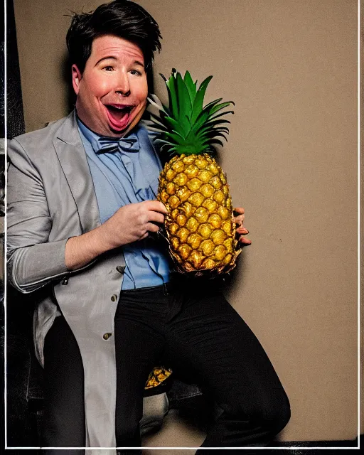 Image similar to A drunk Michael Mcintyre eating a pineapple in a nightclub in Porto,real life skin, intricate, elegant, highly detailed, artstation, concept art, smooth, sharp focus, photo