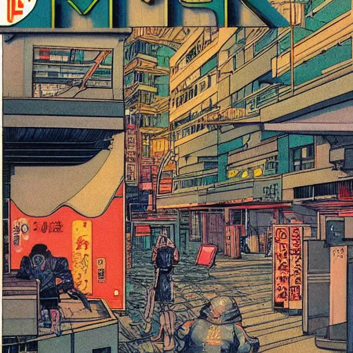 Image similar to 1979 magazine cover depicting a futuristic Japanese village at street level. Art in the style of Moebius, cyberpunk, masterpiece