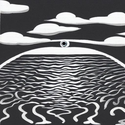 Prompt: a black and white drawing of a road splitting the ocean and leading to a giant eyeball in the distance, the eyeball is looking at clouds, beautiful simplistic illustration, screen press high contrast, by rene magritte and grett rutkowski