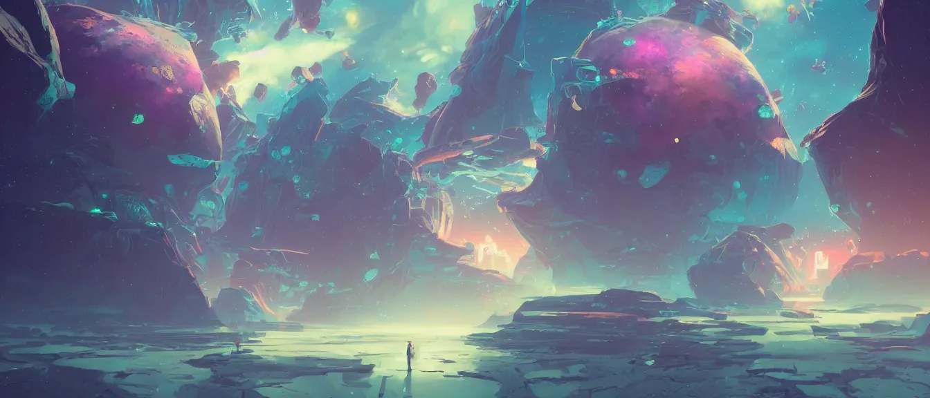 Image similar to antimatter space port on a colorful moon, unreal engine, fantasy art by greg, loish, rhads, ferdinand knab, makoto shinkai, lois van baarle, ilya kuvshinov, rossdraws, tom bagshaw, global illumination, radiant light, highly detailed intricate environment, isometric, onstudio ghibli, octane render, 8 k