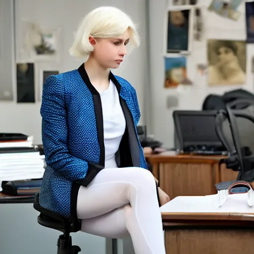 Image similar to 19-year-old Aristocratic platinum-blonde-haired hime-cut blue-eyed French empress wearing white leggings and black jacket, sitting in office, cchatting with communist officer, futuristic gadgets, HD photograph