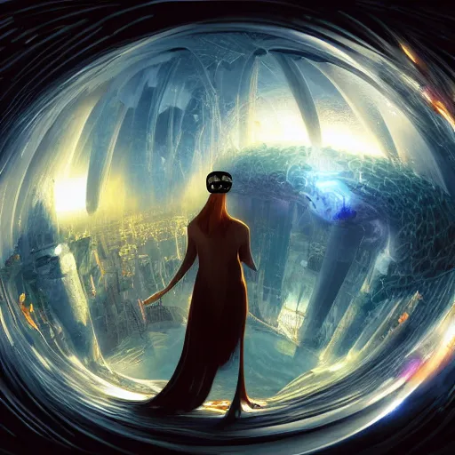 Image similar to neosvr!!! virtual reality metaverse engine, swirling portal!, a masterpiece matte painting inspired by karol bak, collaborative, warm, welcoming, trending on artstation, furry, anime, robot, cyberpunk