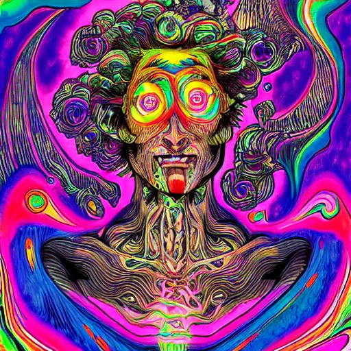 Image similar to a psychedelic godlike humanoid, hyper detailed, in the style of rutkowski and junji ito and bob ross and lisa frank, selfie