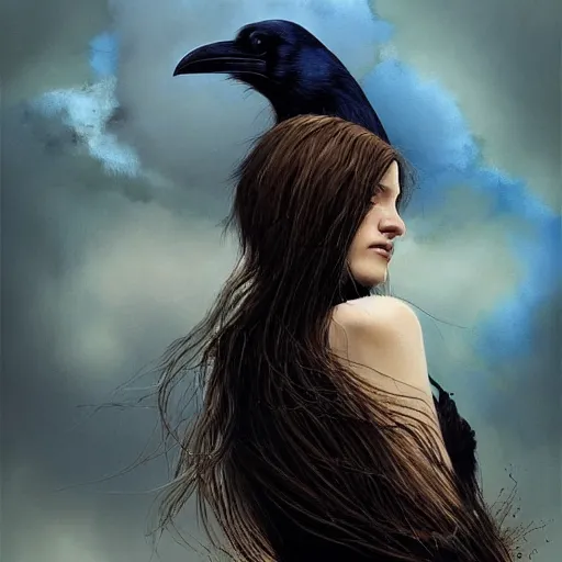 Image similar to morning, raven bird perching on the shoulder of a woman in a black dress. sun, cinematic, clouds, vogue cover style, copper and deep blue mood, realistic painting, intricate oil painting, high detail, figurative art, multiple exposure, poster art, 3 d, by simon bisley, ismail inceoglu, wadim kashin, filip hodas.