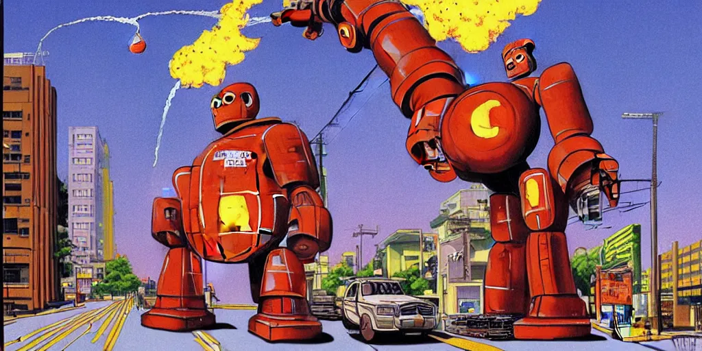 Prompt: Giant robot walking down a street while eating a massive glazed donut with sprinkles almost as big as the robot, one of the buildings is on fire and smoking and a crushed car is under the foot of the giant robot by Richard Corben