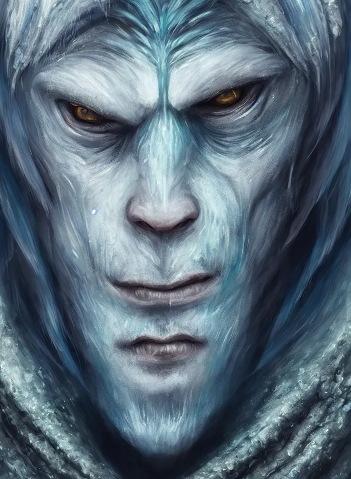 Prompt: a face portrait of an ice troll from skyrim, fantasy setting, beautiful face, serene colors, soft lighting, atmospheric, cinematic, moody, in the style of diego koi, gina heyer, luiz escanuela, art by alyssa monk, hyperrealism, rule of thirds, golden ratio, oil on canvas, 8 k