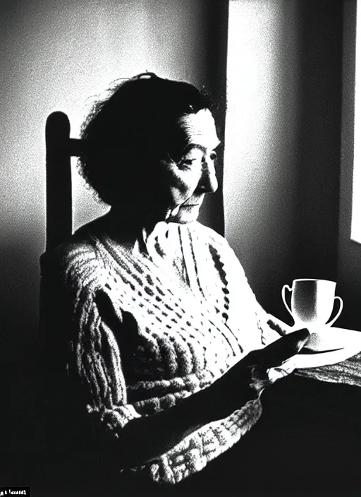 Prompt: A frame from the film 'Knitting at Home sipping some tea' directed by Salvador Dali, 70mm, grainy film photography, chiaroscuro, highly detailed, masterpiece