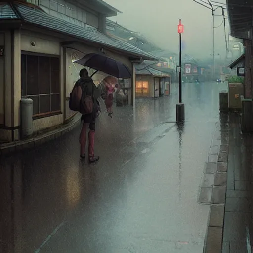 Image similar to walking around ozu city and shimonad station, ehime, japan. rain, wet, volumetric lighting, realistic illustration, perfectly shaded, soft painting, art by krenz cushart and wenjun lin