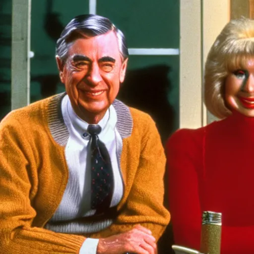 Image similar to Mr. Rogers sitting next to Elvira 8k hdr