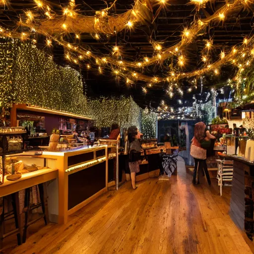 Image similar to professional photograph of a cozy little nature - themed coffee shop with fairy lights, high quality, hd, highly detailed, award - winning, awe - inspiring, 4 k, 8 k,