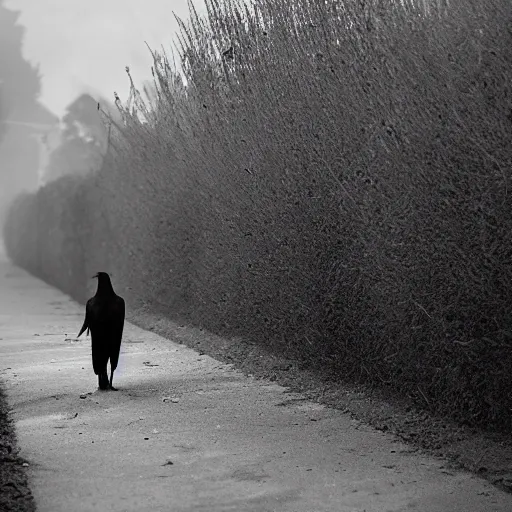 Prompt: 'it just keepings going on and keeps fading away, my thoughts turn into smoke in the air.', an image of a crow walking home from school through the backyards of neighbors.