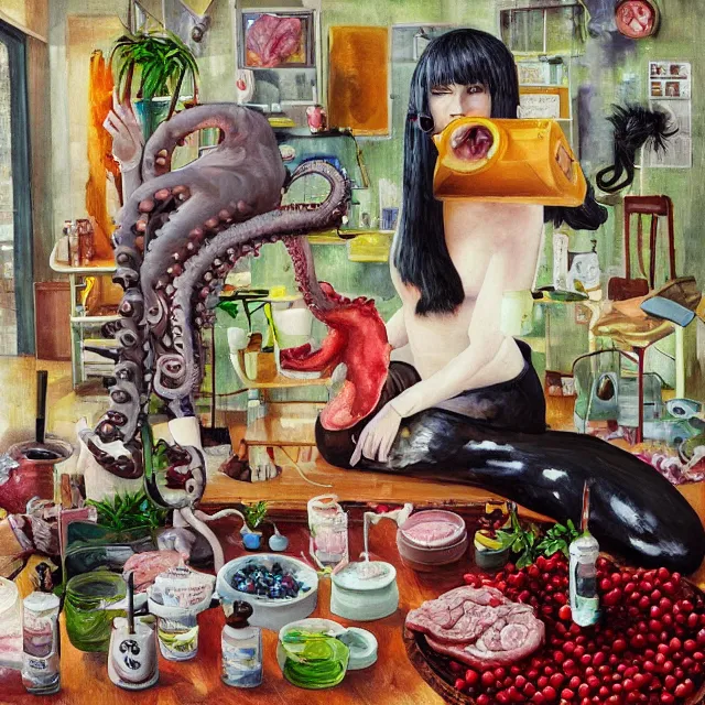 Prompt: female catgirl in her apartment, surgical equipment, giant octopus, a fur seal, raw pork, berry juice drips, pancakes, berries, peppercorns scientific glassware with plant roots, art supplies, candles dripping wax, neo - impressionist surrealism, acrylic and spray paint and oilstick on canvas