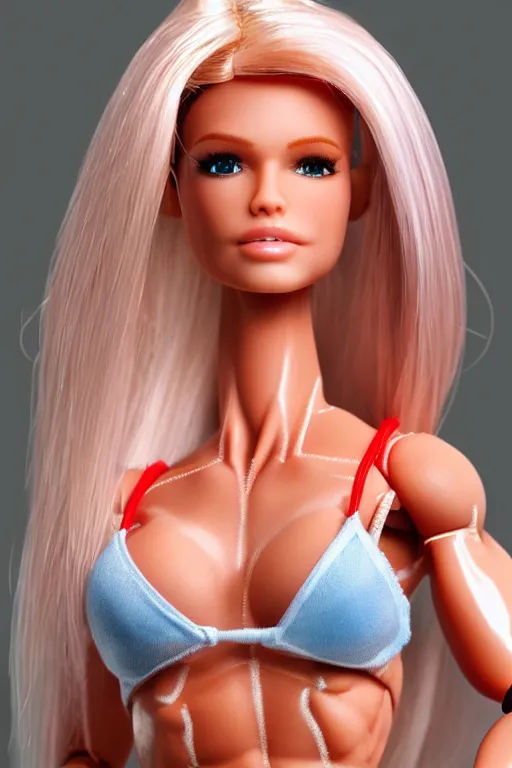 Image similar to muscular barbie doll, photorealistic, highly detailed,