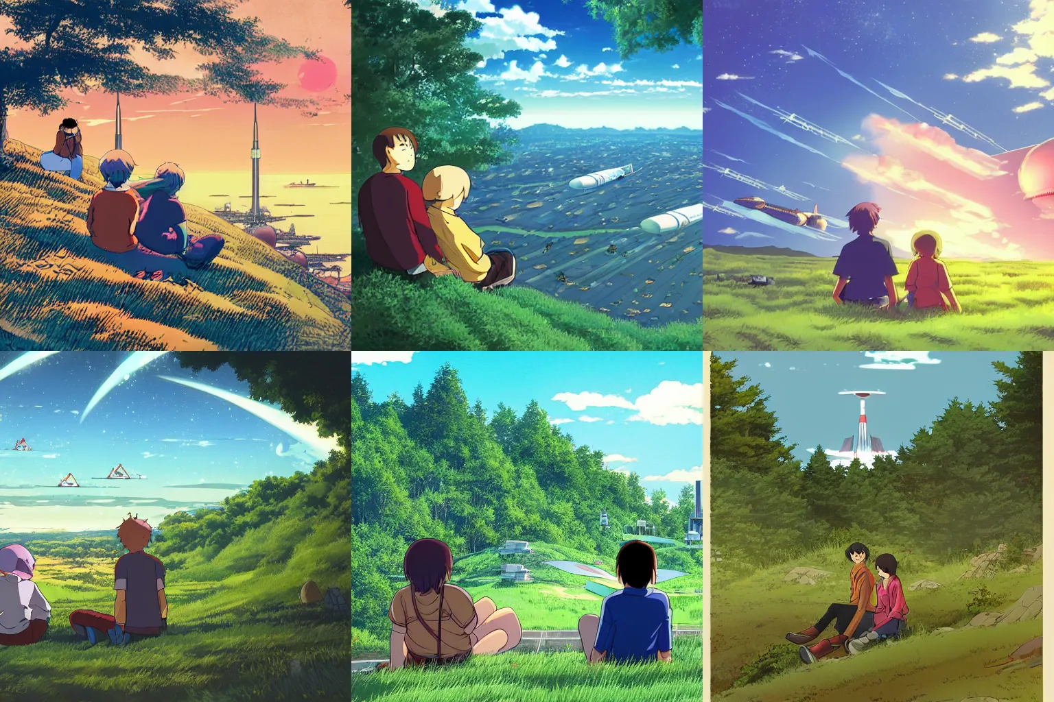 Prompt: Teenage boy and girl sit on a hill surrounded by forest and look at a spaceport with ships taking off, anime, by Satoshi Kon, highly detailed, nature, spaceport