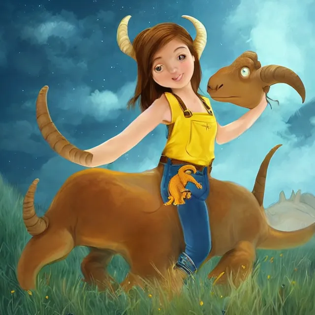 Prompt: “beautiful young woman with brown hair, goat ears and goat horns, a yellow t-shirt and blue overalls riding a dinosaur , digital art, beautiful composition, trending on artstation and deviantart, masterpiece”