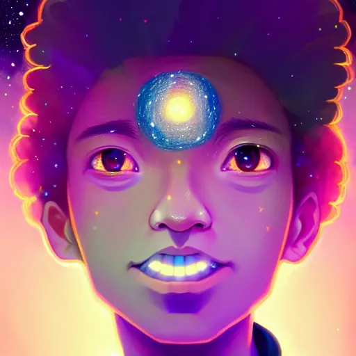 Prompt: The beginning of time, portrait of a beautiful young man, in hyper detail, dressed in stars and planets, extreme hyper detail, dramatic, fantasy lighting, matte print, digital art, cute smile, beautiful eyes, digital painting, fan art, pixiv, elegant, Ilya Kuvshinov style, Studio Ghibli