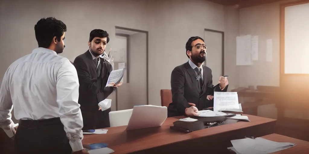 Prompt: young indian struggling lawyer performing for his clients in indian trial court, unreal 5, hyperrealistic, realistic, photorealistic, dynamic lighting, highly detailed, cinematic landscape, studio landscape, studio lighting