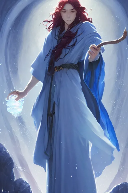 Image similar to elvish female sorcerer doing water magic spells, blue robes, red hair, finely detailed perfect face, exquisite details, mid view, design on a white background, by studio muti, greg rutkowski makoto shinkai takashi takeuchi studio ghibli