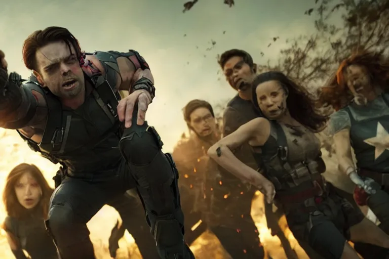 Image similar to film still of Bucky Barnes fighting zombies in new avengers movie, 4k