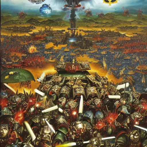 Prompt: , warhammer 4 0 k space @ marines in a heated battle, in the style of the garden of earthly delights painting by jerome bosch