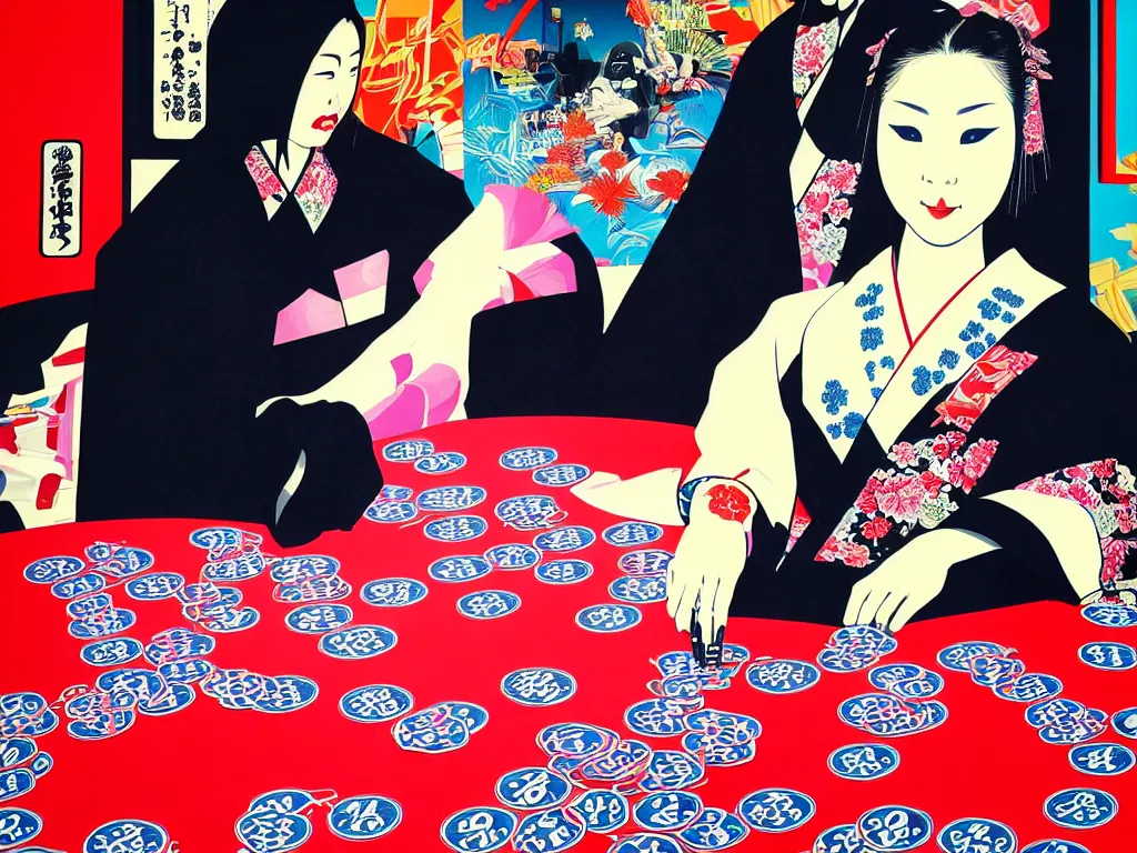 Image similar to hyperrealistic composition of the detailed woman in a japanese kimono sitting at a poker table with detailed darth vader, fireworks, mount fuji on the background, pop - art style, jacky tsai style, andy warhol style, acrylic on canvas