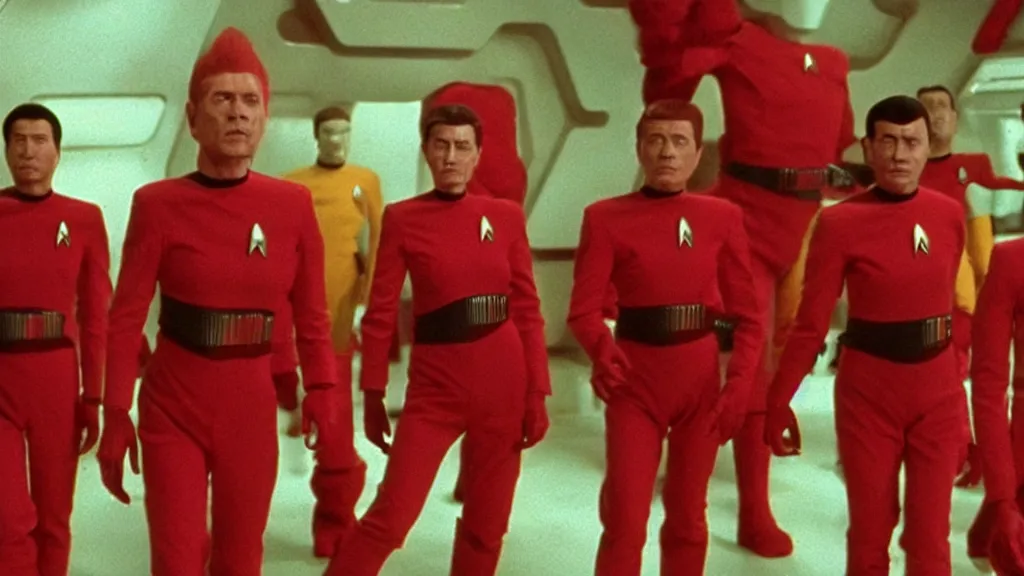 Prompt: giant monsters made of bananas killing crew wearing red on star trek, film still from a movie directed by Denis Villeneuve star trek with art direction by Salvador Dalí, wide lens