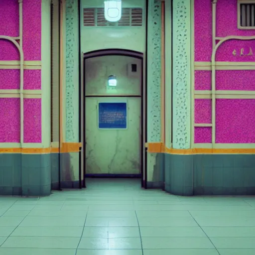 Prompt: pastel colors, hd 8 k, abandoned, overgrown, vaporwave, subway station, at the grand budapest hotel