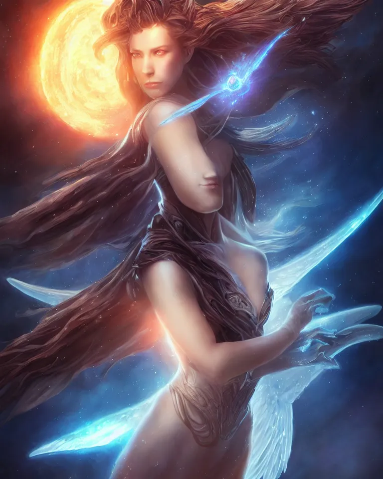 Image similar to beautiful cinematic fantasy poster, one beautiful fantasy angel floating, beautiful glowing galaxy eyes, hybrid from The Elden Ring and art direction by Darius Zawadzki ;by artgerm; wayne reynolds art station; cinematic quality character render; low angle; ultra high quality model; production quality cinema model;