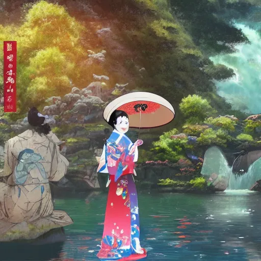 Prompt: detailed 風 景 + luminescent 背 景 + scenery artwork 厚 塗 り, artstation!! pixiv!! coloful geisha looking like billy illish in foreground!! width - 1 0 2 4