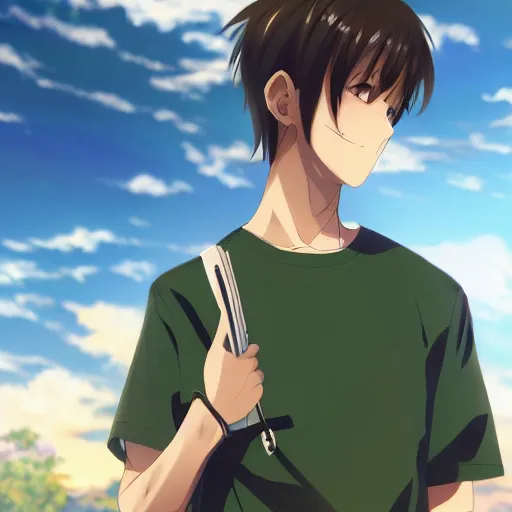 Prompt: a very cool anime boy, full body, sharp brown hair, sky blue eyes, full round face, big smile, green shirt, brown shorts, front view, summer lake setting, cinematic lightning, medium shot, mid-shot, highly detailed, trending on Artstation, Unreal Engine 4k, cinematic wallpaper by Stanley Artgerm Lau, WLOP, Rossdraws, and Sakimichan