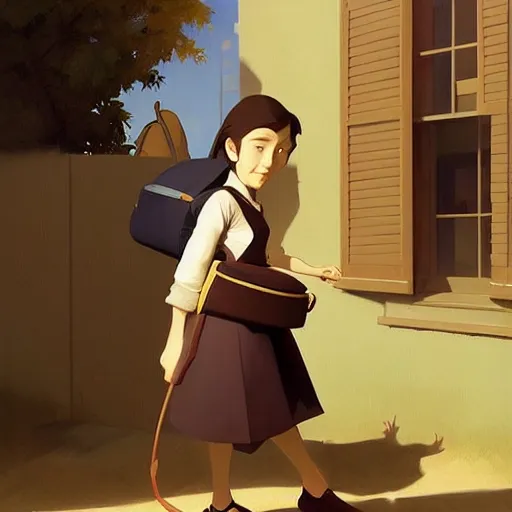 Prompt: goro fujita ilustration heerful girl taking the suitcases out of her house, characterized by william - adolphe bouguereau, character art, sharp focus, highly detailed, artstation