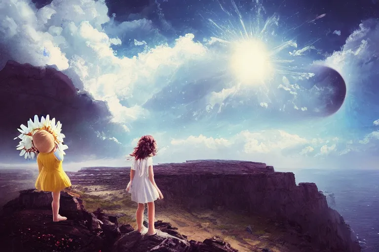 Prompt: giant white daisy flower crown on head, girl playing on cliff, surreal photography, solar eclipse, milky way, dramatic light, impressionist painting, clouds, digital painting, artstation, james gilleard, liam wong, jeremy mann, simon stalenhag