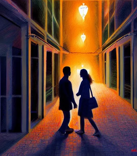 Image similar to lovers in the dark. art by salman toor. global illumination, radiant light, detailed and intricate environment, atmospheric light, cinematic, saatchi art