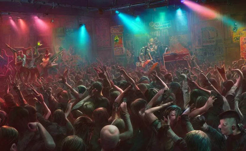 Image similar to 4 punks in school uniform with mohawks stand on stage with guitars and drums and microphones and yell day, foreground fight of ravers and punks, by marc simonetti, tyler edlin, deviantart, ray tracing, octane render, digital art, realistic, high quality, 8 k