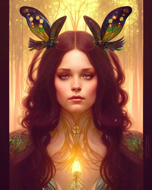 Image similar to symmetry portrait of brunette princess, glam, fae, fireflies, forest background, intricate, elegant, highly detailed, digital painting, artstation, concept art, smooth, sharp focus, illustration, art by artgerm and greg rutkowski and fra angelico and alphons mucha